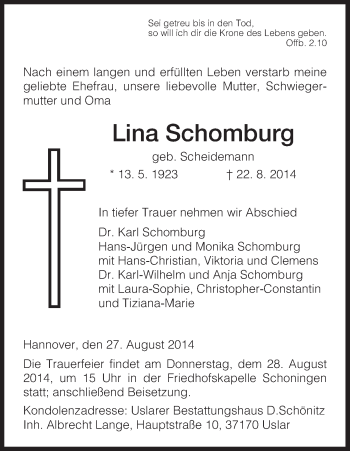 Todesanzeige von Lina Schomburg von HNA