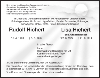 Todesanzeige von Rudolf und Lisa Hichert von HNA