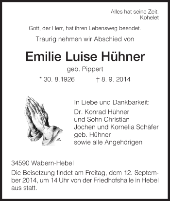 Todesanzeige von Emilie Luise Hühner von HNA