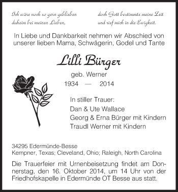 Todesanzeige von Lilli Bürger von HNA