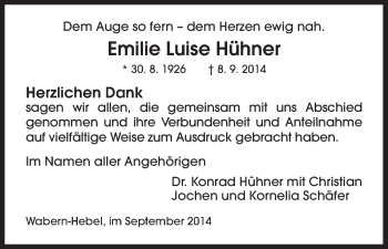 Todesanzeige von Emilie Luise Hühner von HNA