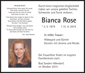 Todesanzeige von Bianca Rose von HNA