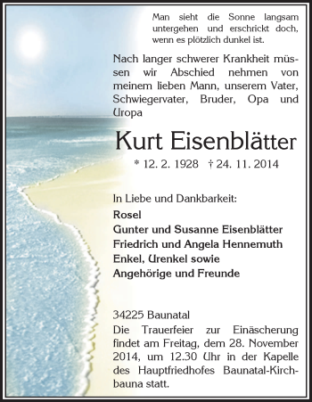 Todesanzeige von Kurt Eisenblätter von HNA