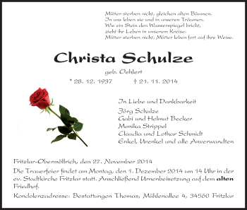 Todesanzeige von Christa Schulze von HNA