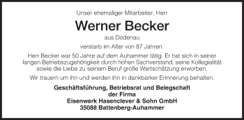 Todesanzeige von Werner Becker von HNA