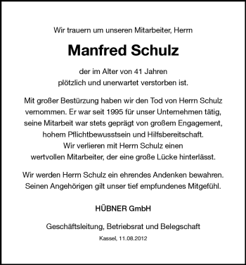 Todesanzeige von Manfred Schulz von HNA