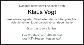 Todesanzeige von Klaus Vogt von HNA