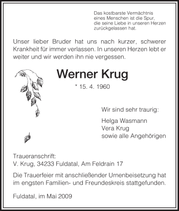 Todesanzeige von Werner Krug von HNA