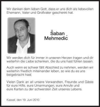 Todesanzeige von Saban Mehmedic von HNA