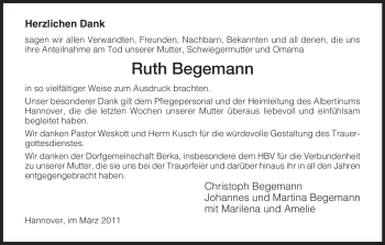 Todesanzeige von Ruth Begemann von HNA