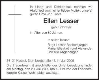 Todesanzeige von Ellen Lesser von HNA