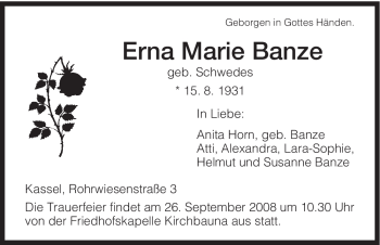 Todesanzeige von Erna Marie Banze von HNA