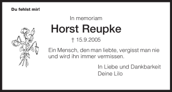 Todesanzeige von Horst Reupke von HNA