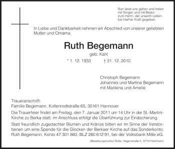 Todesanzeige von Ruth Begemann von HNA