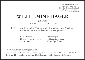 Todesanzeige von Wilhelmine Hager von HNA