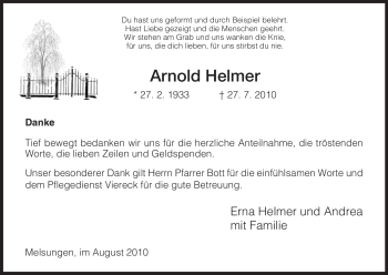 Todesanzeige von Arnold Helmer von HNA