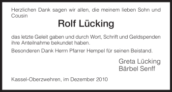 Todesanzeige von Rolf Lücking von HNA