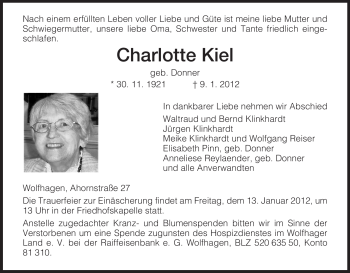 Todesanzeige von Charlotte Kiel von HNA