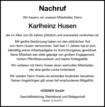 Todesanzeige von Karlheinz Husen von HNA