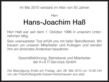 Todesanzeige von Hans-Joachim Haß von HNA