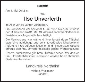 Todesanzeige von Ilse Unverferth von HNA