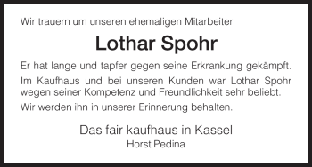 Todesanzeige von Lothar Spohr von HNA