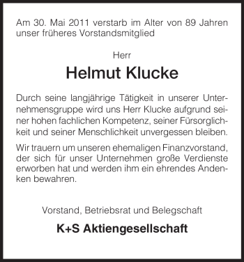 Todesanzeige von Helmut Klucke von HNA