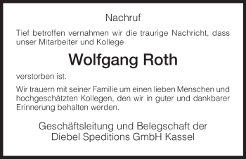 Todesanzeige von Wolfgang Roth von HNA