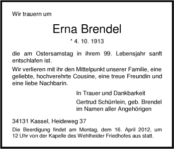 Todesanzeige von Erna Brendel von HNA