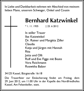 Todesanzeige von Bernhard Katzwinkel von HNA