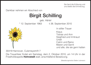 Todesanzeige von Birgit Schilling von HNA