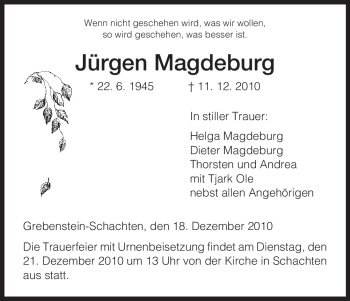 Todesanzeige von Jürgen Magdeburg von HNA