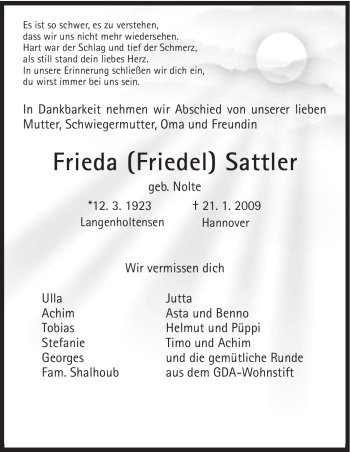 Todesanzeige von Frieda Sattler von HNA