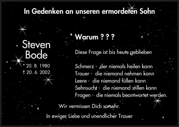 Todesanzeige von Steven Bode von HNA