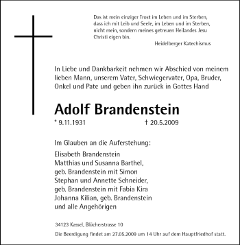 Todesanzeige von Adolf Brandenstein von HNA