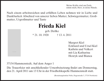 Todesanzeige von Frieda Kiel von HNA