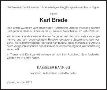 Todesanzeige von Karl Brede von HNA