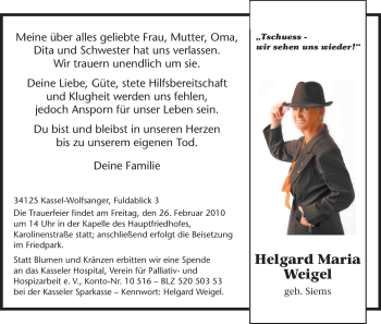 Todesanzeige von Helgard Maria Weigel von HNA