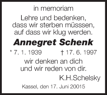 Todesanzeige von Annegret Schenk von HNA