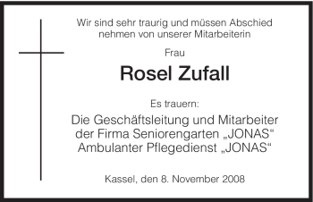 Todesanzeige von Rosel Zufall von HNA