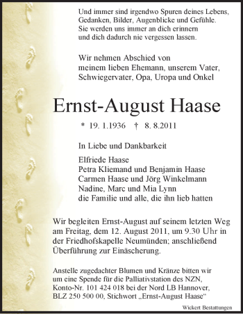 Todesanzeige von Ernst-August Haase von HNA