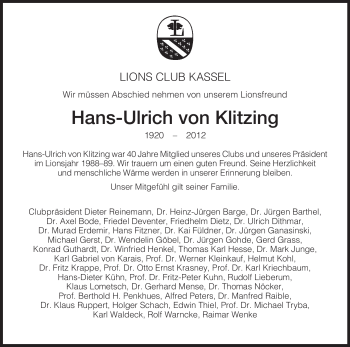 Todesanzeige von Hans-Ulrich von Klitzing von HNA