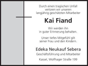 Todesanzeige von Kai Fiand von HNA