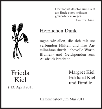 Todesanzeige von Frieda Kiel von HNA