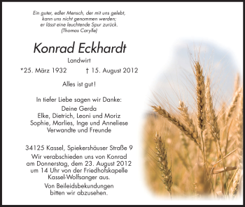 Todesanzeige von Konrad Eckhardt von HNA