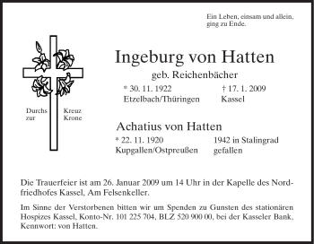 Todesanzeige von Achatius von Hatten von HNA