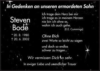 Todesanzeige von Steven Bode von HNA