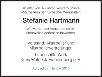 Todesanzeige von Stefanie Hartmann von HNA