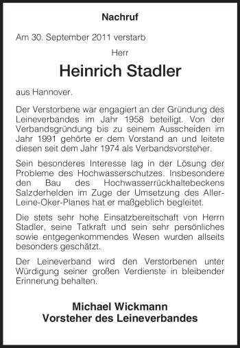 Todesanzeige von Heinrich Stadler von HNA