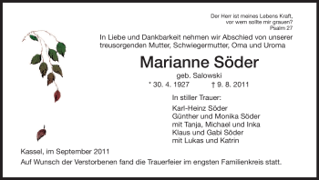Todesanzeige von Marianne Söder von HNA